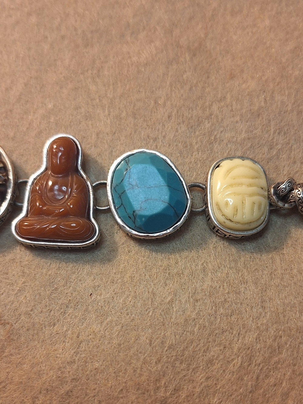 Artisan Multi-Stone Charm Bracelet - Chunky Scarabs, Toggle Clasp. Silvertone 8" - Picture 4 of 7